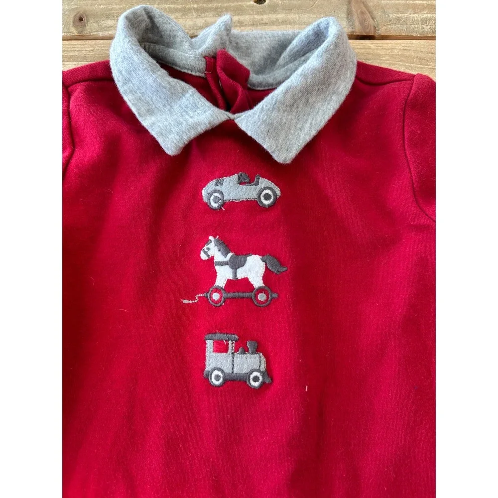 Janie and Jack Red‎ Embroidered Toy Romper One Piece 3-6 Months Car Horse Train